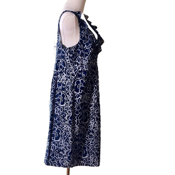 Ann Taylor Dress 14 Navy White Floral Cotton Shift Sleeveless U Neck Ruffles NWT - Picture 6 of 15